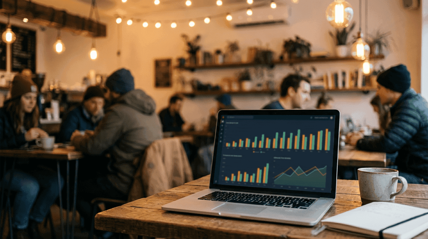 Analytics on laptop in cafe