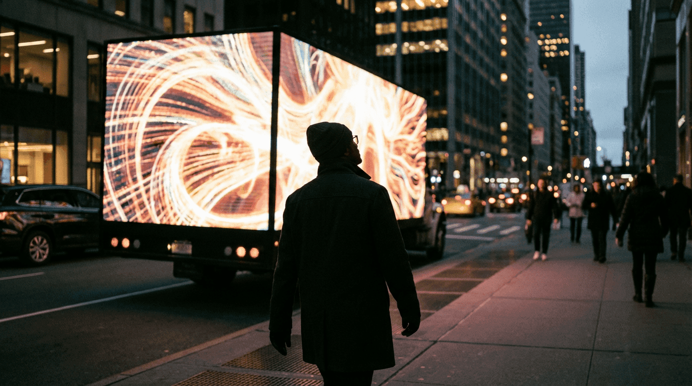 Pedestrian viewing ad on vehicle